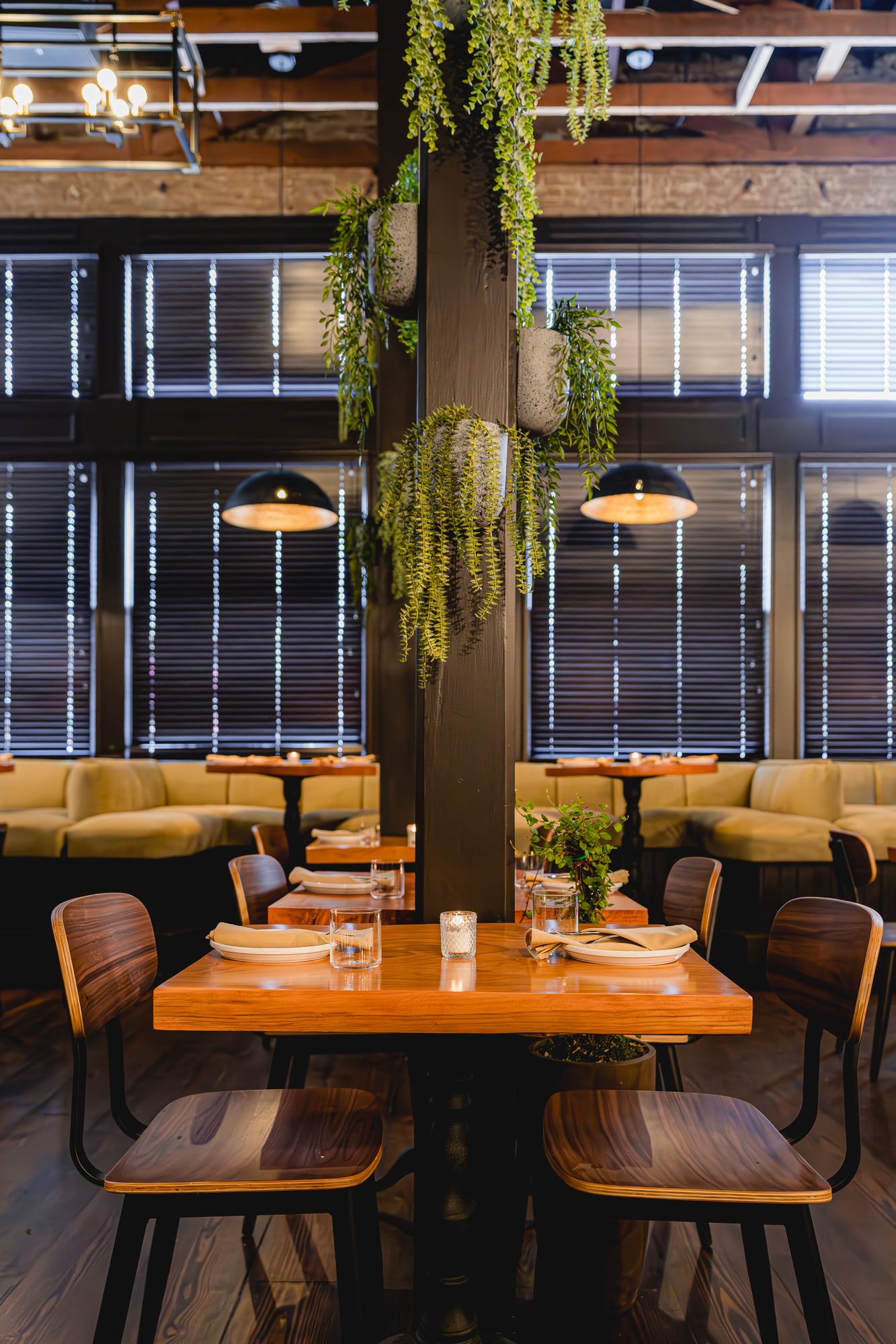 Carmel restaurant interior in Los Angeles designed by NOF DESIGN, with brick, timber and hanging greenery